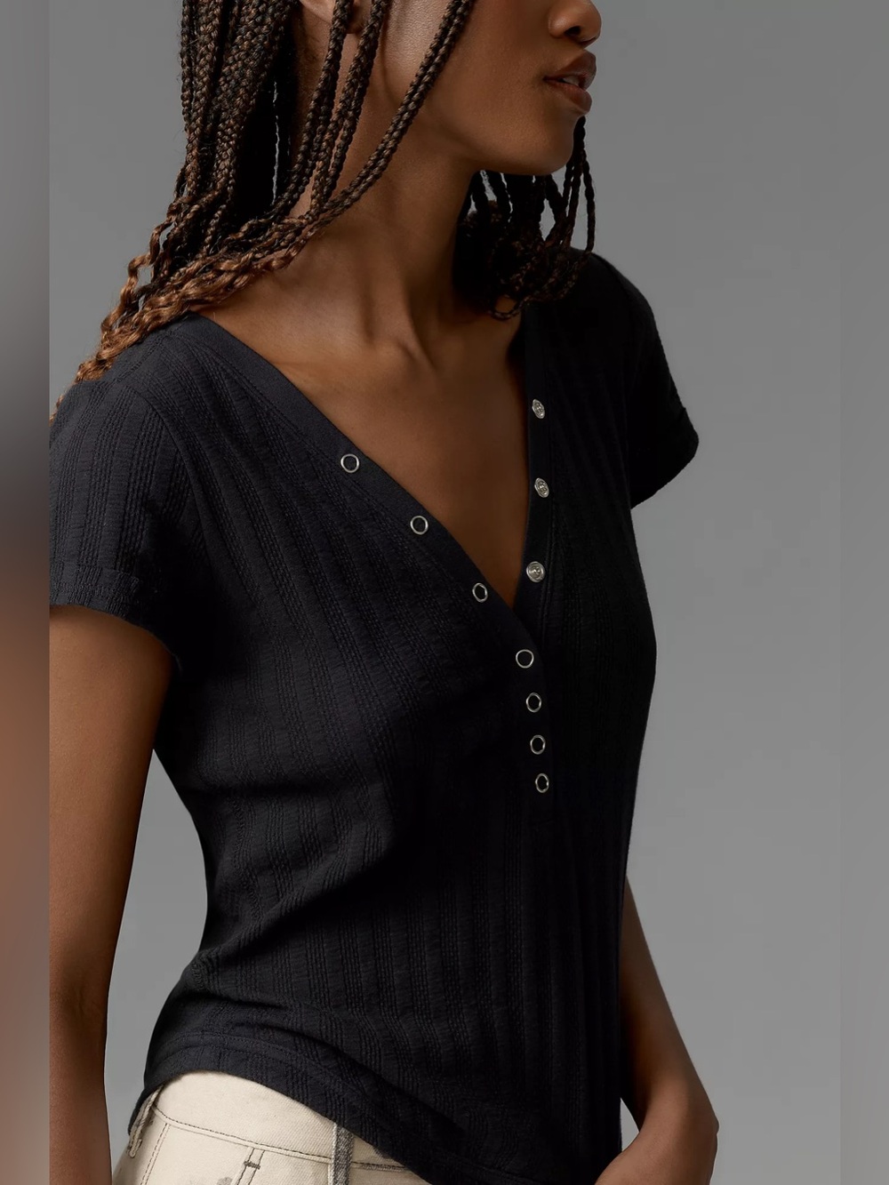 Anthropologie NWOT The Andie Ribbed Henley Top by Pilcro: Short-Sleeve Snap